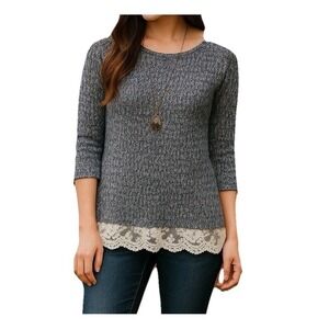 Maison Jules Womens Sweater Top Knit Light Gray Ruffle Lace Small